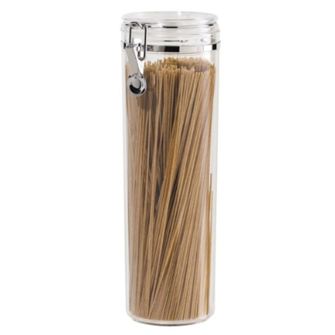 OGGI Tall Clear Canister with Clamp Lid, 58 oz - Large Airtight Food Storage Container, Ideal for Kitchen & Pantry Storage of Bulk, Dry Foods Including Pasta & Spaghetti
